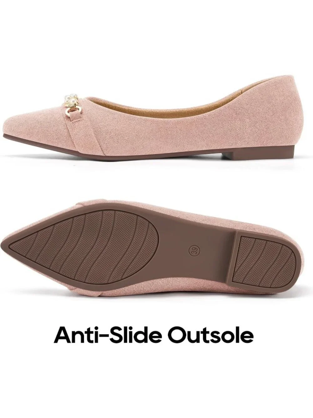 Women's Pink Rubber Rhinestone Pointed Toe Flats Comfortable Slip On Shoes